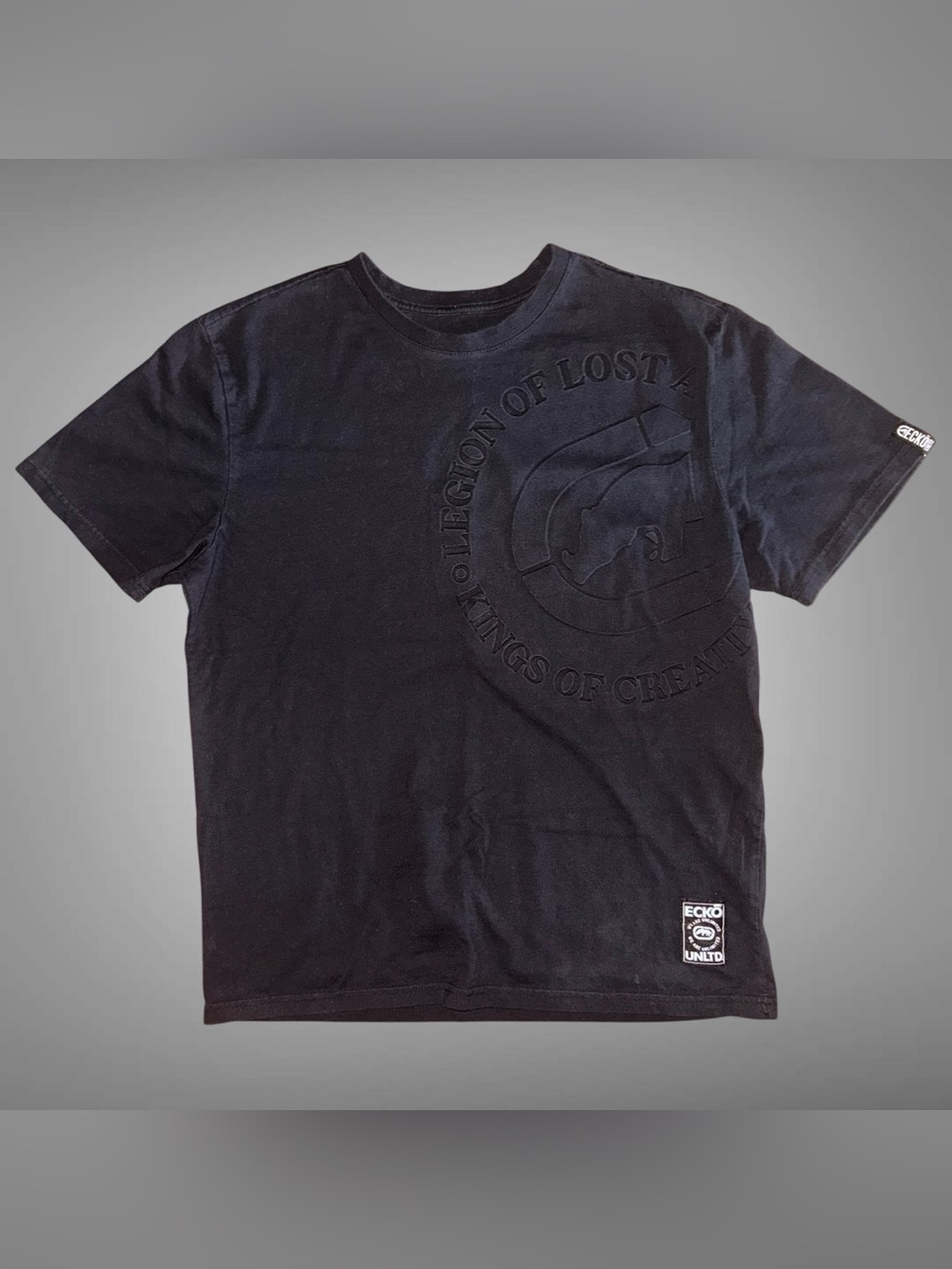 Vintage 2000s Ecko Unltd Embossed Rhino Logo Black Graphic T-Shirt - Size Large